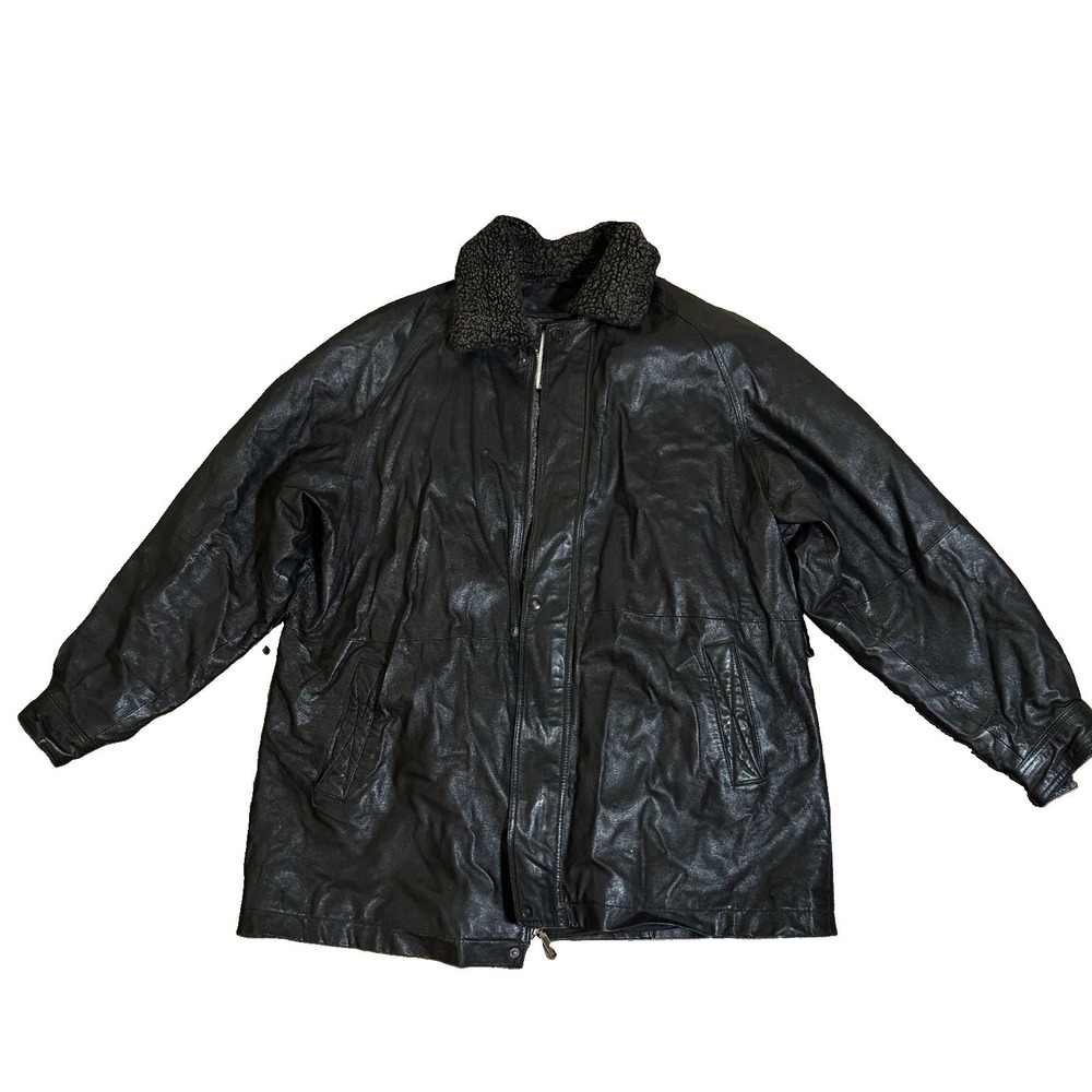 Vintage Wilda Parka Jacket Mens 2XL Black Genuine Leather Shearling Collar 1990s